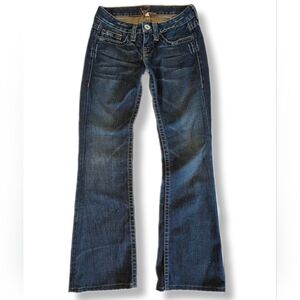 Bebe Jeans Kayla Blue Distressed Bootcut Rhinestone Pockets Low Rise Size 27 NEW